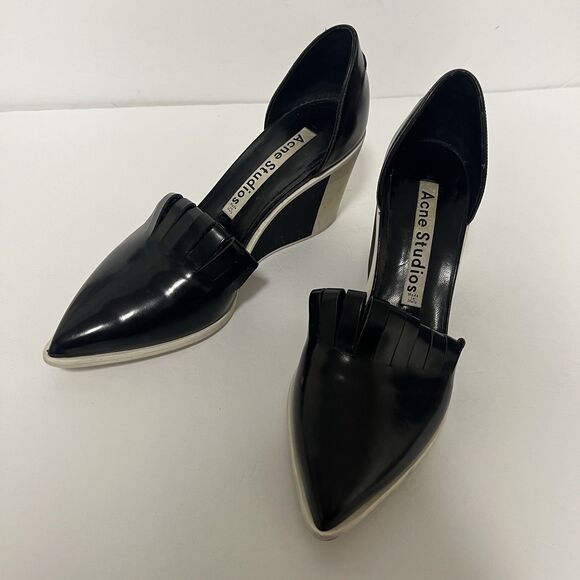 Acne Studios Black Patent D’Orsay Wedge Heels 39 US 8.5 Fringe Vamp Sculptural - Picture 1 of 10